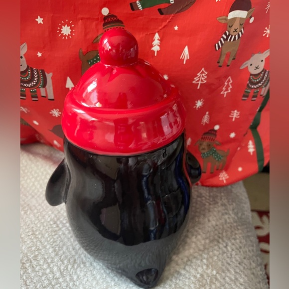 Rae Dunn Penguin with Red Hat Joy Ceramic Figure Tabletop Decor NEW - Picture 3 of 4